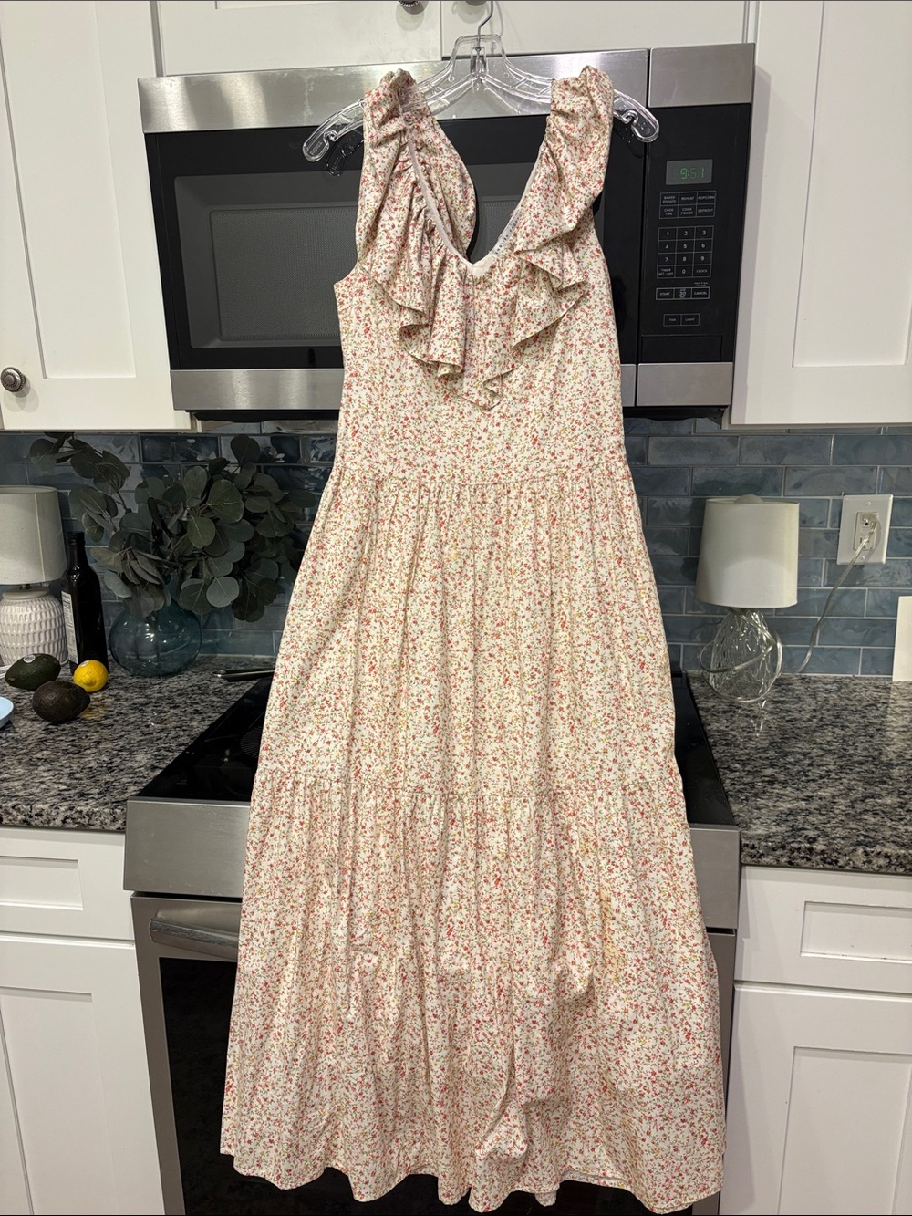 English Factory Cream Maxi Dress with Pink Floral Print